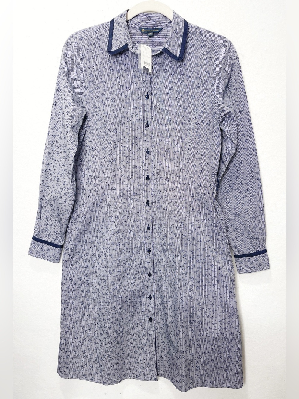 Brooks Brothers Floral Stripe Shirt Dress Navy Long Sleeve Button Front No Belt